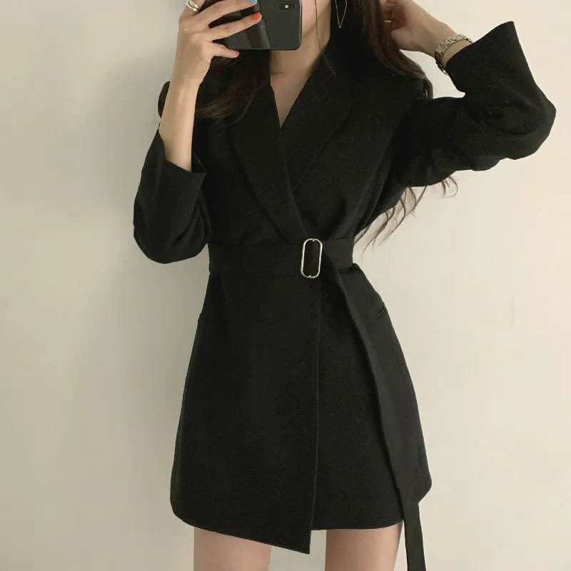 

Elegant Slim Waist Hugging Bandage Cloth Midi Suit Tops Women Solid Blazer Korean Retro Spring New Style French