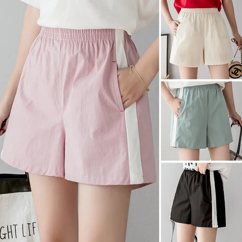 

Women Summer Hot Wide Leg Strip Shorts Female Loose Cotton Linen Solid Pockets Shorts Casual Korean Vintge Style Short Feminino