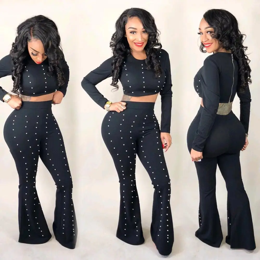 

BKLD Women Tracksuits 2019 Fall Outfit Two Piece Sets Long Sleeve Crop Top Set Pant Suits For Women Beading Sexy Clubwear