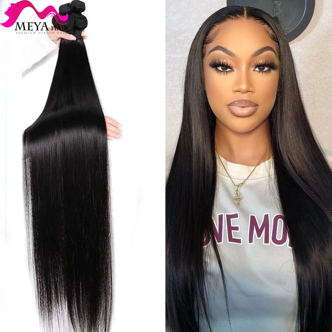 

[Meya] Straight 26 28 30 32 Inch Virgin Remy Peruvian Hair 1/3/4 Weave Human Hair Bundles Wefts 100% Human Hair Extension
