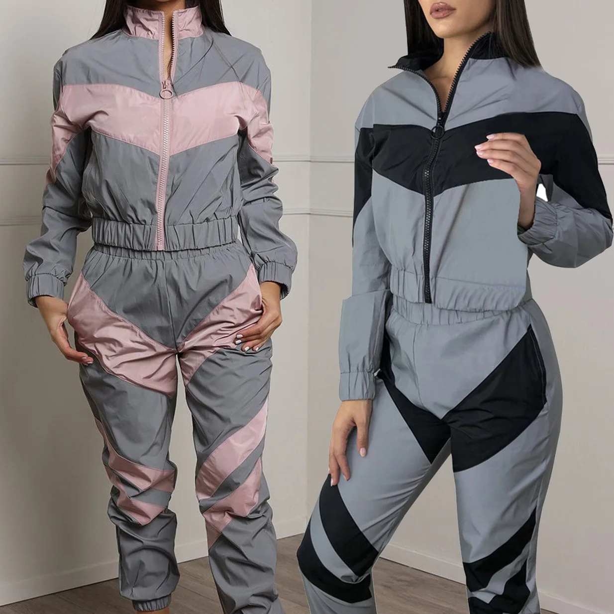 

two piece set fall clothes for women tracksuit Stitching reflective and bright luminous sports and leisure suit