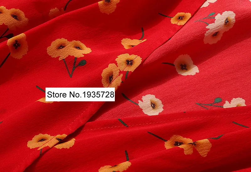 Шелковое красное платье-миди ElfStyle 100% с запахом V-образным вырезом и цветочным