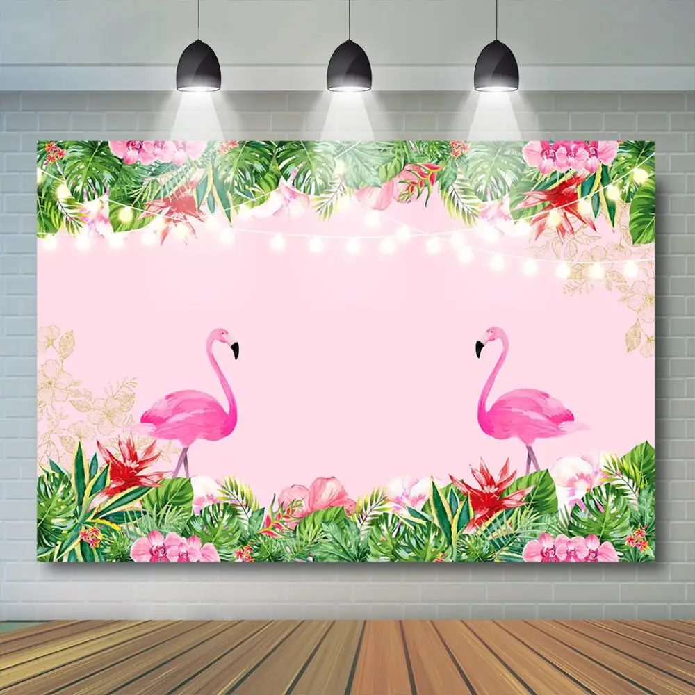 

Flamingo Backdrop Tropical Floral Summer Beach Birthday Party Decoration Pink Flamingle Words Customize Background