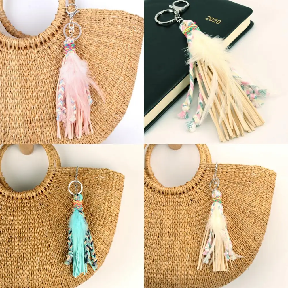 Женский кожаный брелок в богемном стиле с разноцветными перьями и кисточками 1