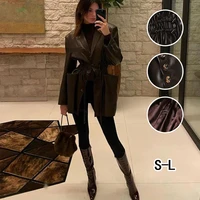 2022 spring new style pu double pocket drawstring waist mid length leather jacket womens brown double pocket fashion jacket