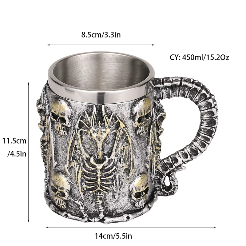 Серебряный Череп Дракон Смола нержавеющая сталь Пивная кружка 450 мл кофейная