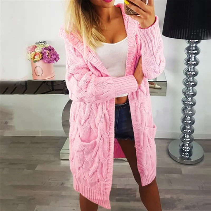 Женский Длинный флисовый кардиган свободный свитер с длинными рукавами и