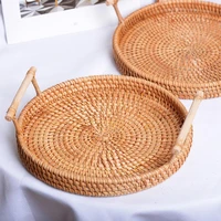 practical rattan tray with handle hand woven multi purpose wicker tray with durable rattan fiber round for breakfast drink snack