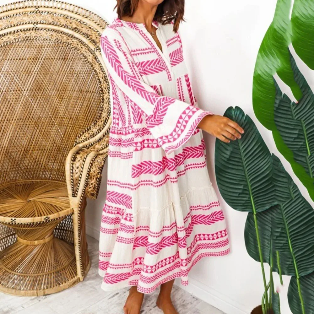 

Western Style 2021 Women's Dress Spring Summer Fashion Loose Casual Oversize Indie Stripe V-neck Long Sleeve