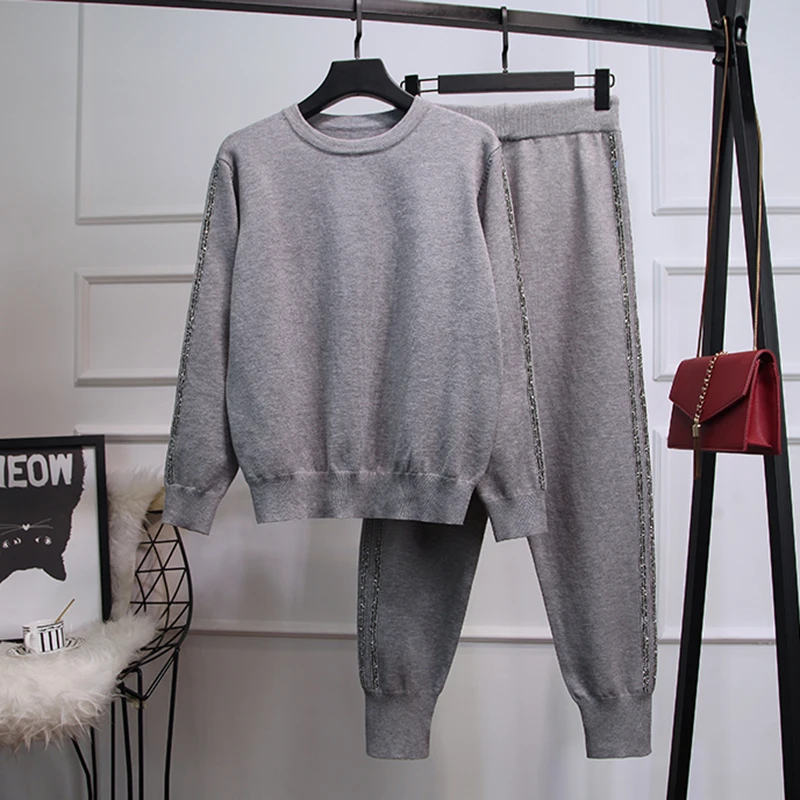 

STREET New HIGH Stylish 2021 Runway Suit Set Women's Hot Rhinestone Loose Knit Sweater Two Piece Set