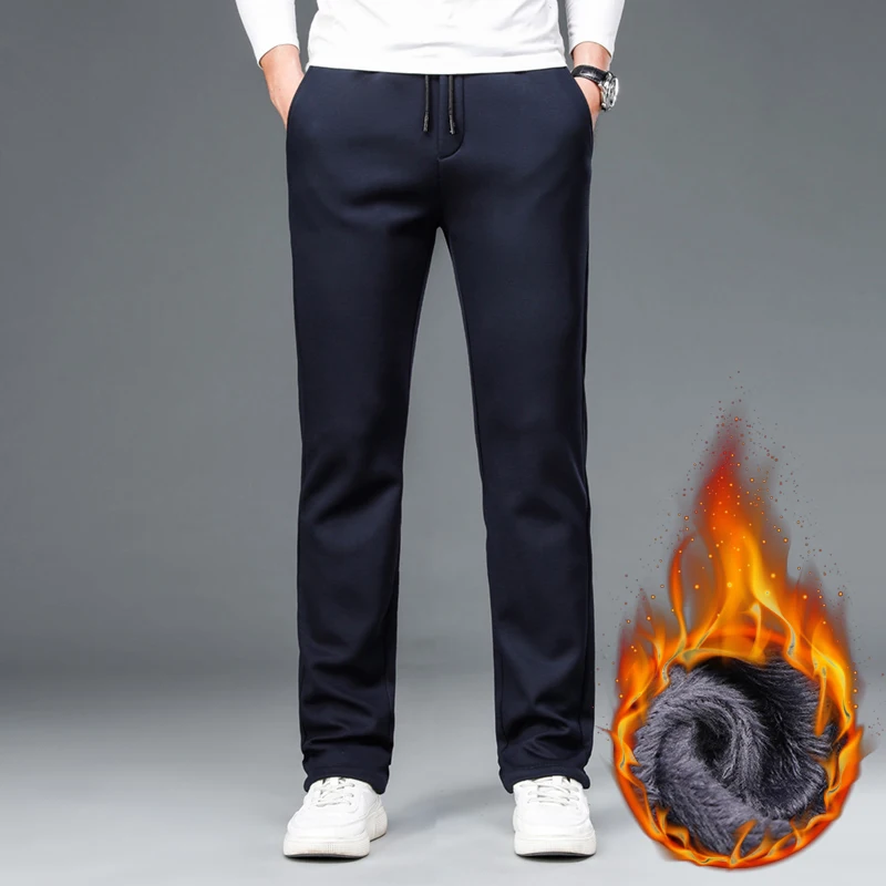 

2020 Winter New Men's Fleece Thick Knitted Pants High Quality Elastic Waist Warm Straight Casual Trousers Male Brand