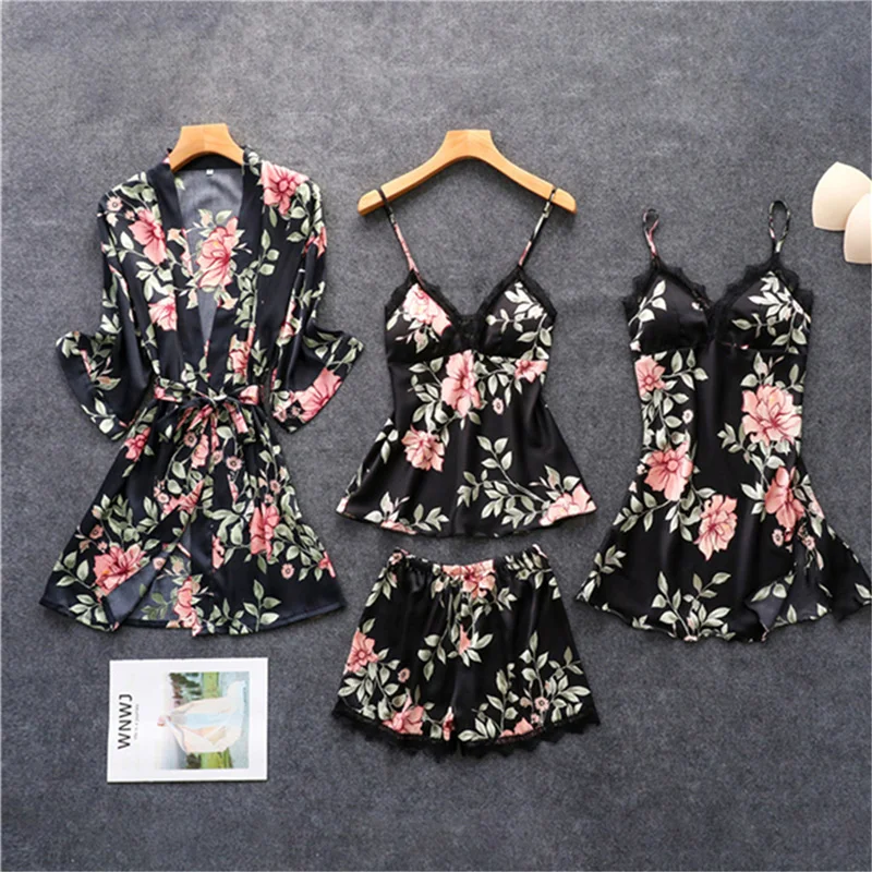 

Весна-Осень 2021, женский Шелковый пижамный комплект с нагрудными подушечками и цветочным принтом, пижама, одежда для сна из 4 предметов, атлас...