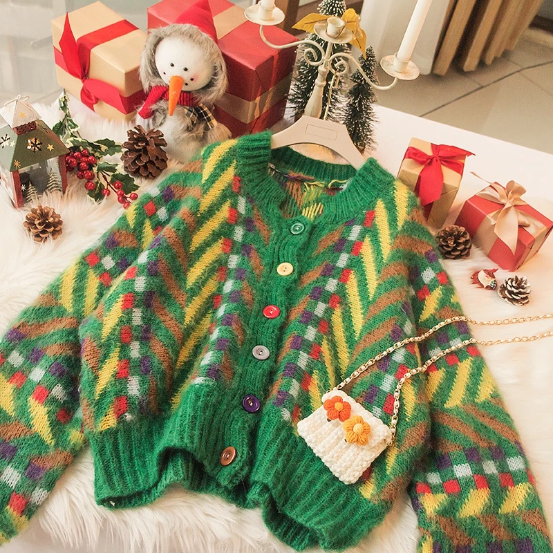 

Кардиган оверсайз с геометрическим рисунком, однобортный, на пуговицах, зеленый, осень 2021