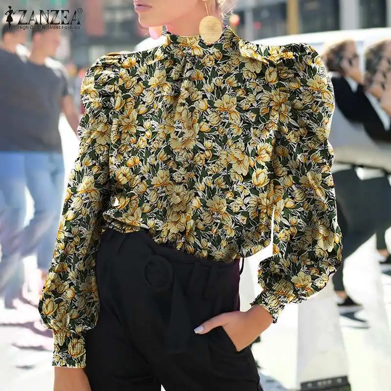 

Women Elegant Long Puff Sleeve Shirt ZANZEA Autumn Vintage Floral Printed Blouse Casual Tops Bohemian Lace Up Work OL Blusas