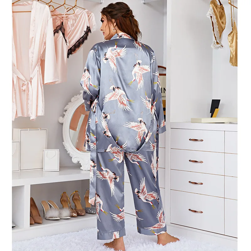 Plus Size 3pcs Women Stain Pajamas Set Elegant Silk Like Glossy bathrobe Camisole and Pants Sleepwear Ladies Homewear Loungewear