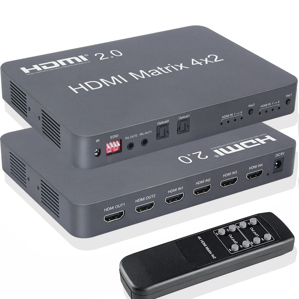 

4x2 HDMI 2.0 Matrix splitter 4 x HDMI signal input 2 output Support for fiber and stereo headphone output for PS5 DVD Monitors