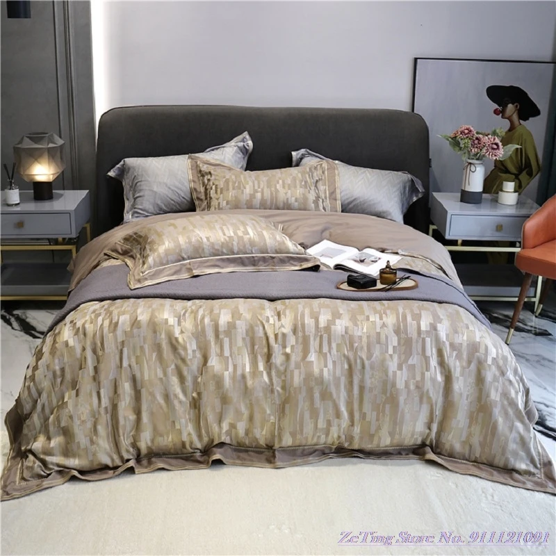 

Cool 4pcs Pure Cotton Bedding Set High-end European luxury 100 satin jacquard Home Textile simple atmospheric model 1.8m bedding
