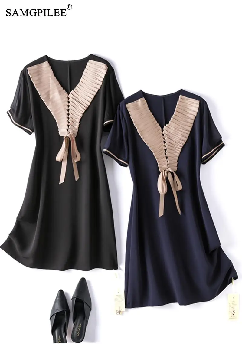 

Summer Clothes For Women 2021 New Office Lady A-line Patchwork Short Sleeve Shirring Knee-length V-neck Plus Size Dresses Woman