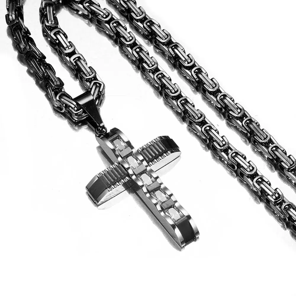 

Cross Pendant Necklace for Men Boys 316L Stainless Steel Cross Pendant with Rhinestone Byzantine Box Chain Necklace Jewelry