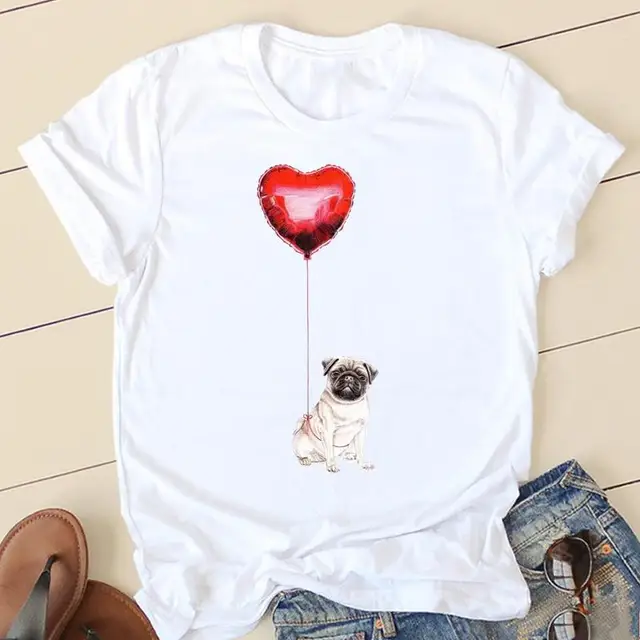 Women Sweet Love Pug T-shirts Ladies Fashion Clothing Short Sleeve Cartoon Clothes Spring Summer Female Tee Graphic Tshirt 3