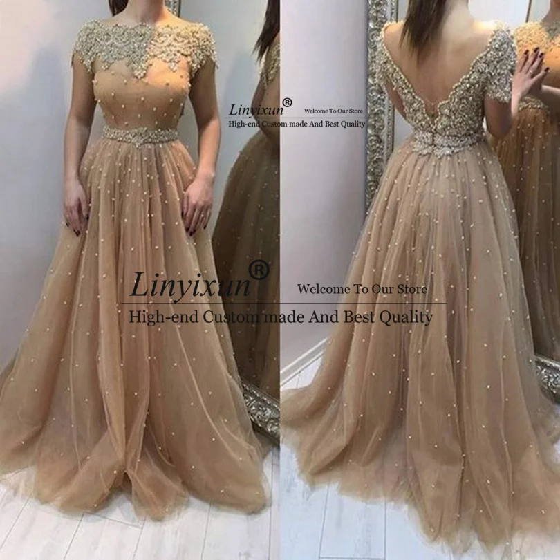 Вечерние платья цвета шампанского с коротким рукавом хрустальным жемчугом