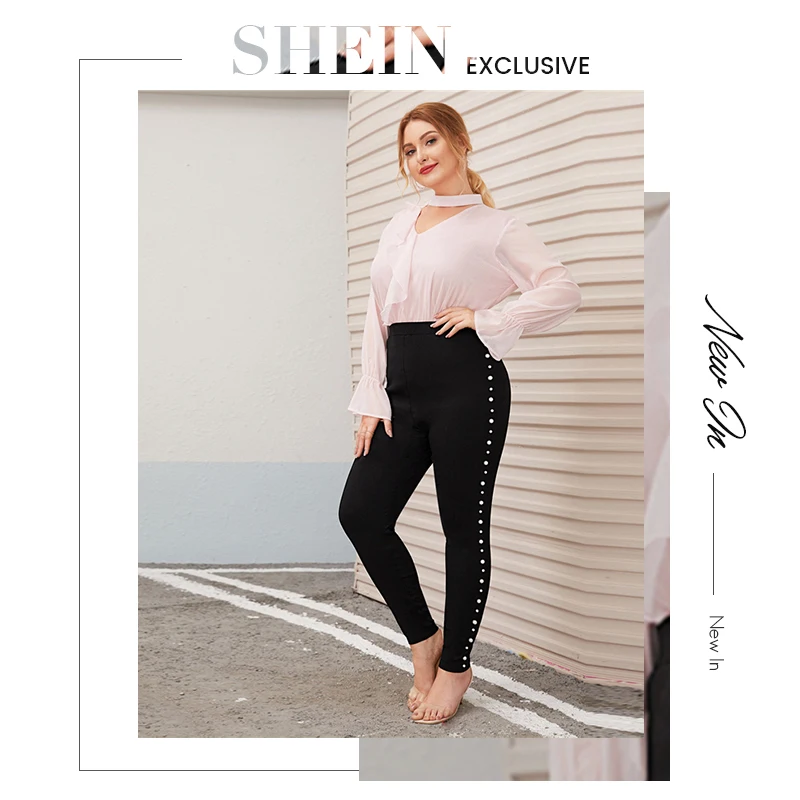 SHEIN/черные женские брюки-скинни с украшением из жемчуга; сезон осень-весна; однотонные элегантные длинные облегающие брюки; брюки-карандаш; большие размеры
