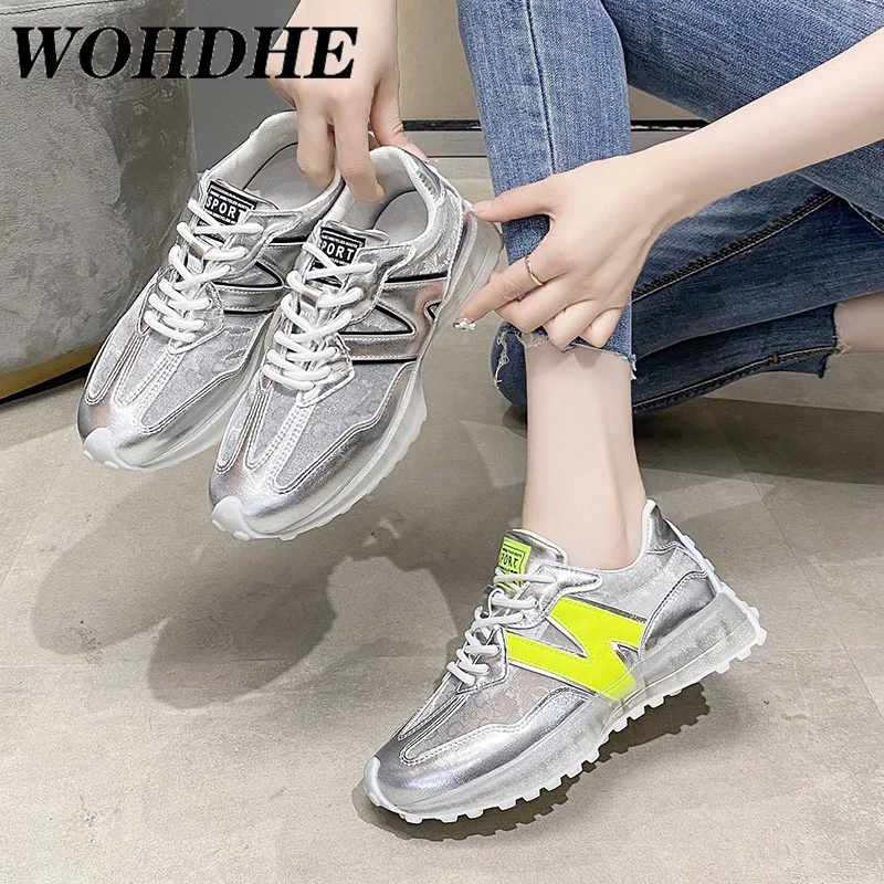 

WOHDHE Womens Sneakers Running Fashion New Female Thick Sole Casual Vulcanize Lightweight Non-Slip Outdoor Green Silver Shoes