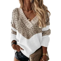 women knitted sweater casual patchwork autumn pullover loose long sleeve lady streetwear sweater new v neck winter lady tops