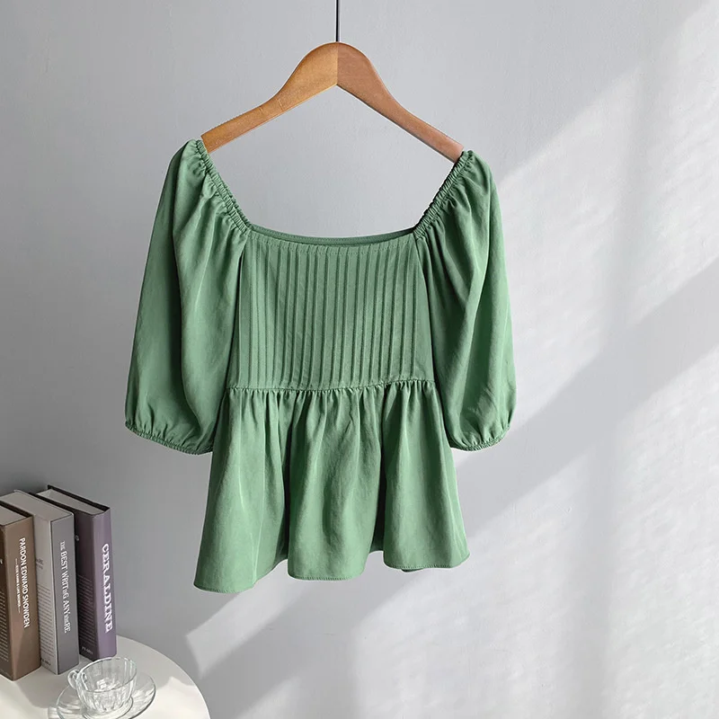 

Square Collar Short Sleeve Blouse Women 2021 Summer Casual Pullover Short Lantern Sleeve Slim Top Shirts