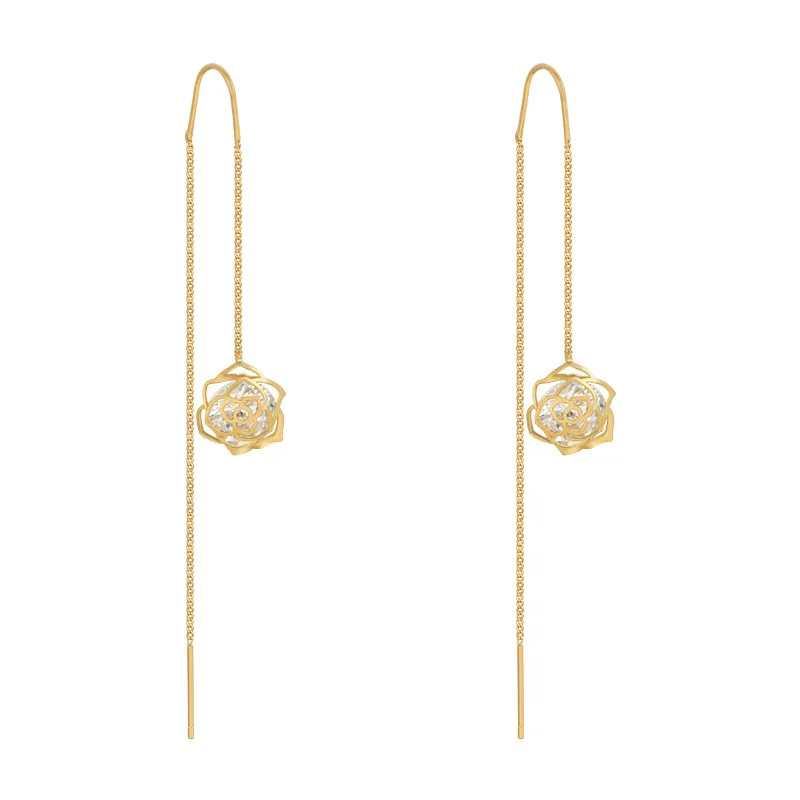 

Fashion Metal Rose Flower Pendant Earrings Shiny Round Zircon Accessories Long Earrings for Women Wedding Party Jewelry