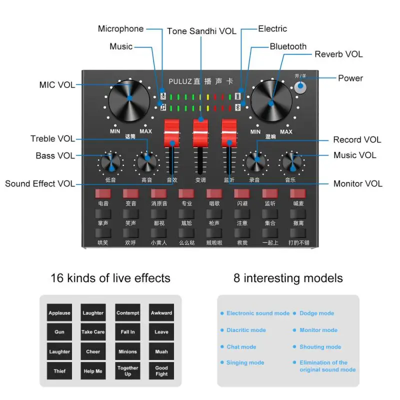

PULUZ Live Broadcasting Sound Card Bluetooth Karaoke Singing Recording Sound Mixer For Mobile Phone / Computer / Laptop / Tablet