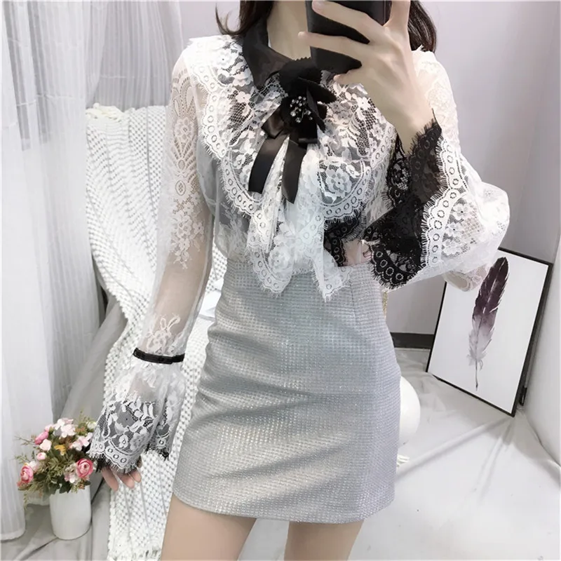 

2019 Spring Summer Mesh Bowtie Ruffled Shirts Long Flare Sleeves Fairy Lace Tops Women Black Feminie Blusas Femininas Elegante