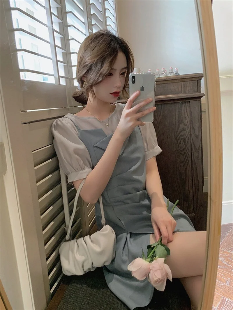 

Sweet Dress Puff Sleeve Temperament Small Skirt Was Thin Split Skirt Summer 2021 New Lace Women A-LINE Gray , Black Short Sleeve