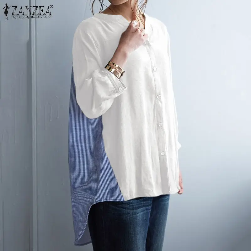 

ZANZEA Autumn Women's Fashion Half Sleeve Blusa Femme V Neck Summer Blouse Striped Tops Tunic Shirts Clothing Elegant Chemise