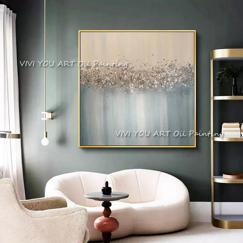 

Large Abstract Hand pained Painting Original Texture Modern Sky Light Blue Silver Foil Metal Glitter White Painting For Home