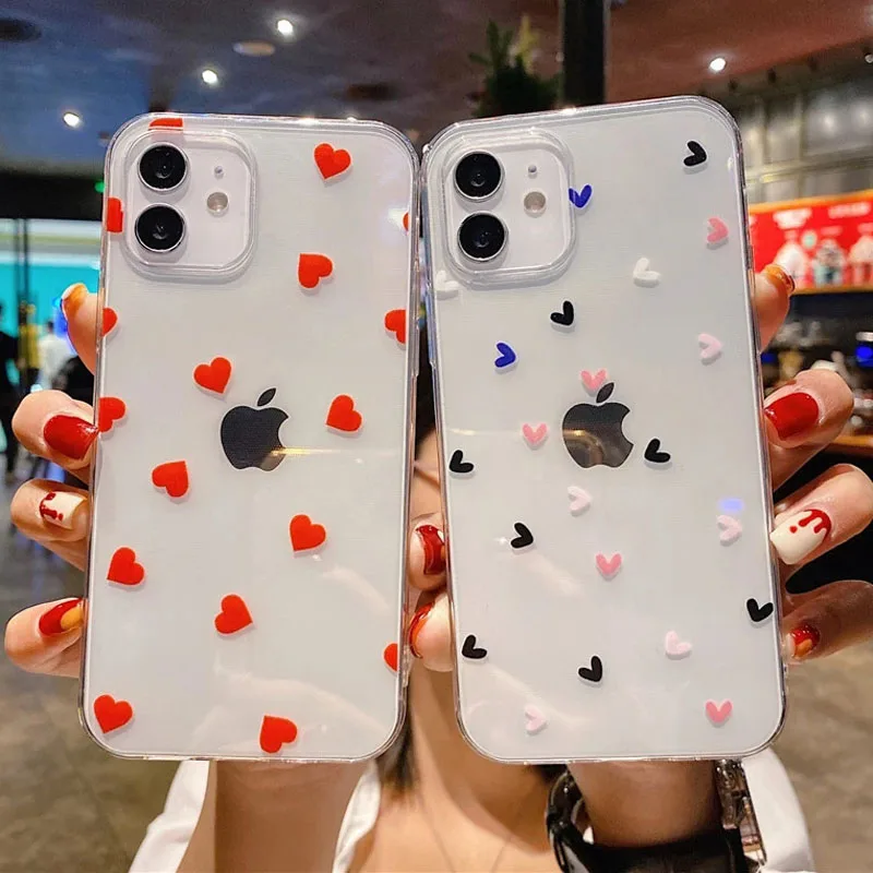 Phone Case For iPhone 14 11 Pro Max 12 13 Mini 7 8 Plus X XR XS Max Transparent Cartoon Love Heart Soft TPU Mobile Phone Cover
