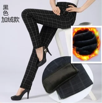 black Add wool Осень-зима, женские брюки в клетку, теплые, плюс размер, вельветовые, тонкие, высокая талия, тянущиеся, узкие брюки, женские брюки, harajuku - Цвет: black Add wool