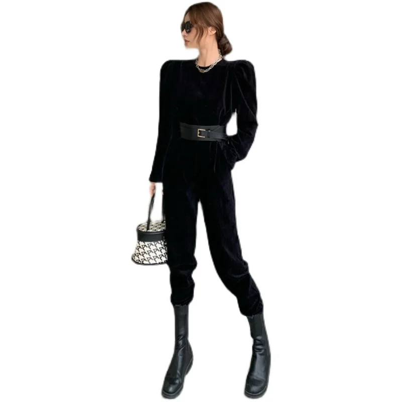 

Make firm offers corduroy jumpsuits round collar closed show thin waist conjoined wide-legged pants match belt clothing