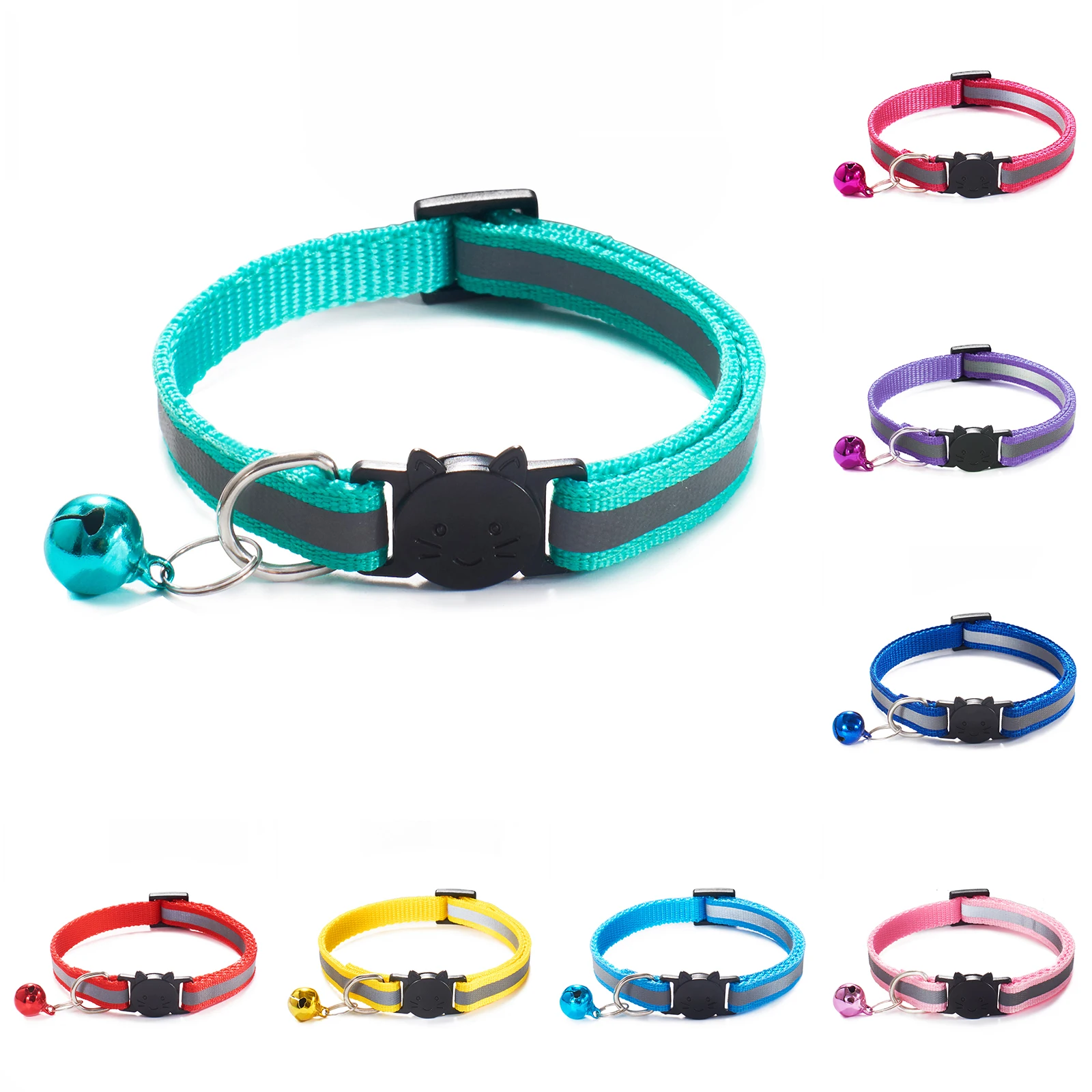 

18 Colors Cats Bells Collars Adjustable Nylon Buckles Fashion Reflective Pet Collar Cat Head Pattern Necklace Cat Accessories