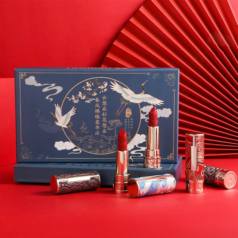 

Classical Embroidery Carved Lipstick Chinese Style Velvet Moisturizing Lip Stick Gift Box Set Lasting Sexy Women Lip Makeup Tool