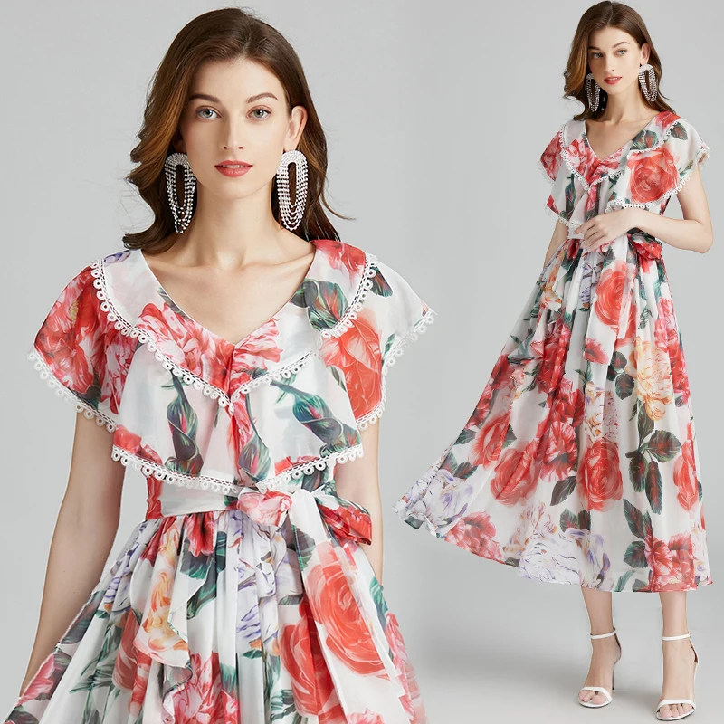 

WTIANYUW New 2021 Fashion Designer Summer Midi Dress Women V Neck Gorgeous Red Floral Print Lace Up Elegant Vacation Dress