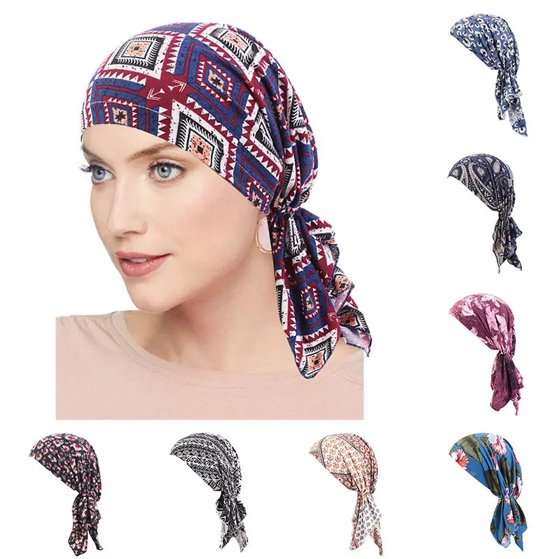 

Fashion Women Printed Flower Elastic Bonnet Sleep Hair Turban Cap Long Cylindrical Chemo Cancer Hat Muslim India Headwear