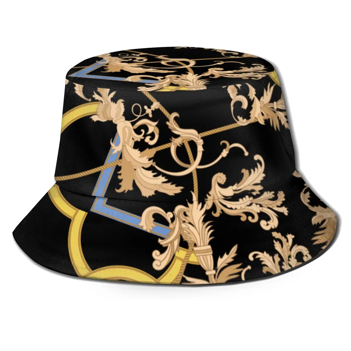 

NOISYDESIGNS Retro Golden Flowers Print Hat Outdoor Travel Fisherman's Hat Black Sun Basin Hat Sunscreen Bucket Fisherman Hat