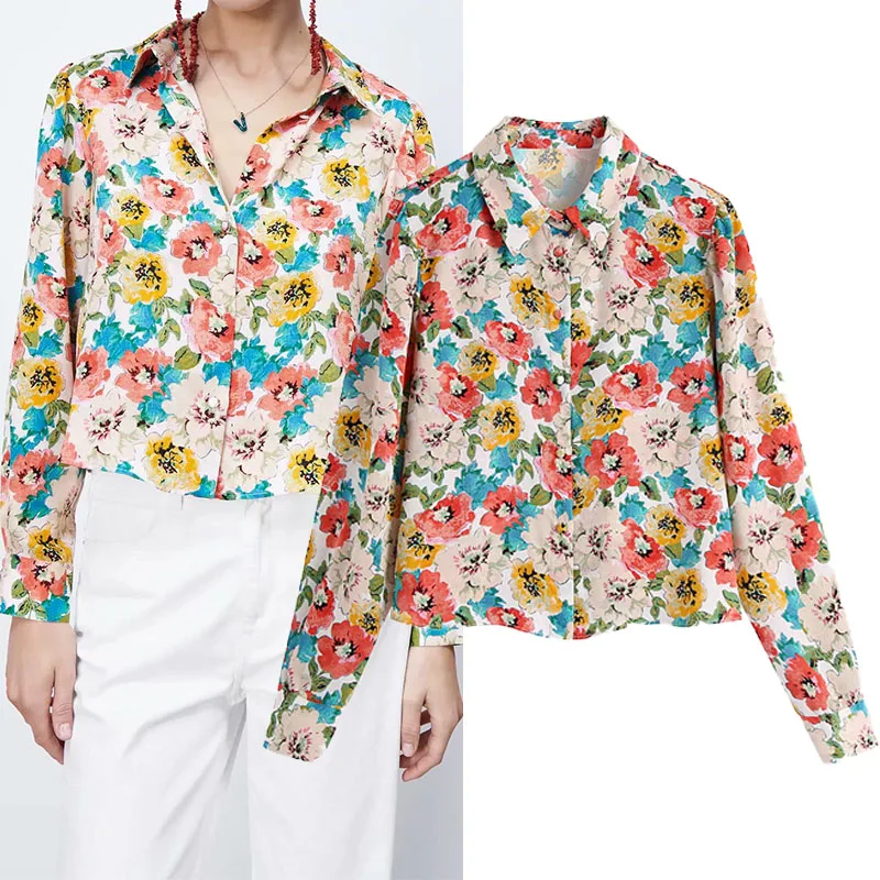 

WESAY JESI Spring New 2021 Womenâ€˜s Blouses Fashion Long Sleeve Tshirts Vintage Color Flower Print Turn-Down Collar Ladies Tops