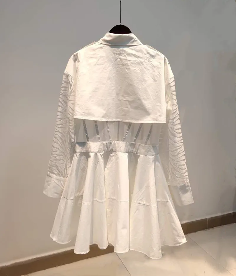 

SONDR 2020 Fall / Winter New Fashion Lapel Zipper Stripe Stitching Open High Waist A-line White Short Shirt Dress White