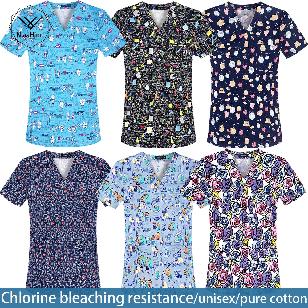 

New tooth printing chlorine bleach-resistant dentist overalls hospital stomatology cotton tops pet grooming uniform high quality