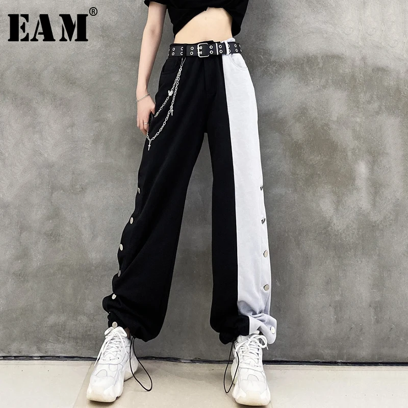 

[EAM] черные широкие брюки с высокой эластичной талией и боковыми пуговицами Lomng, новые брюки свободного покроя, женские модные демисезонные ...