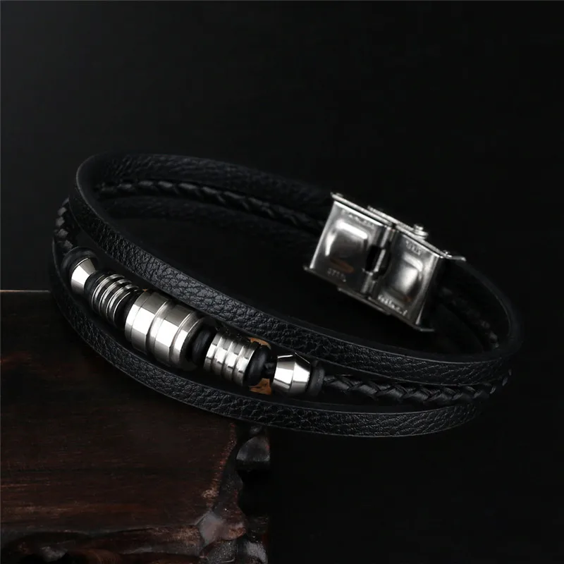 

Irregular Pattern Shape Men's Fashion Stainless Steel Leather Bracelet Classic for Handsome Boys Birthday Gift