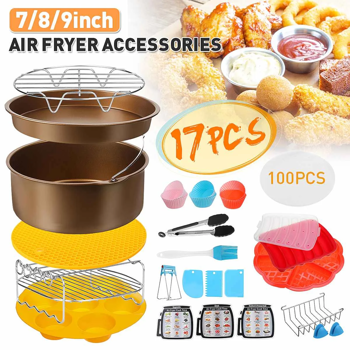 

17Pcs Air Fryer 7/8/9 INCH Frying Cage Dish Baking Pizza Pan Tray Rack Grill Pot Air Fryer Accessories Kitchen Cooking Tools