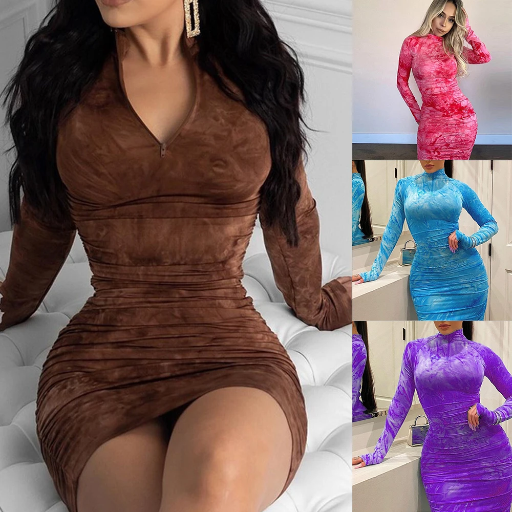 

Spring Winter New High Quality Print Turtleneck Bodycon Midi Dress Women 2020 Casual High Street Pleated Slim Zipper Dress